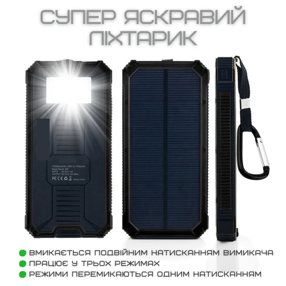 Повербанк на 30000 mAh із Сонячною Батареєю та Кріпленням Для Рюкзака Портативний Зовнішній Акумулятор 2в1 у Захищеному Корпусі + Потужний Ліхтар та LED Індикатор DEJI S30 — фото 4