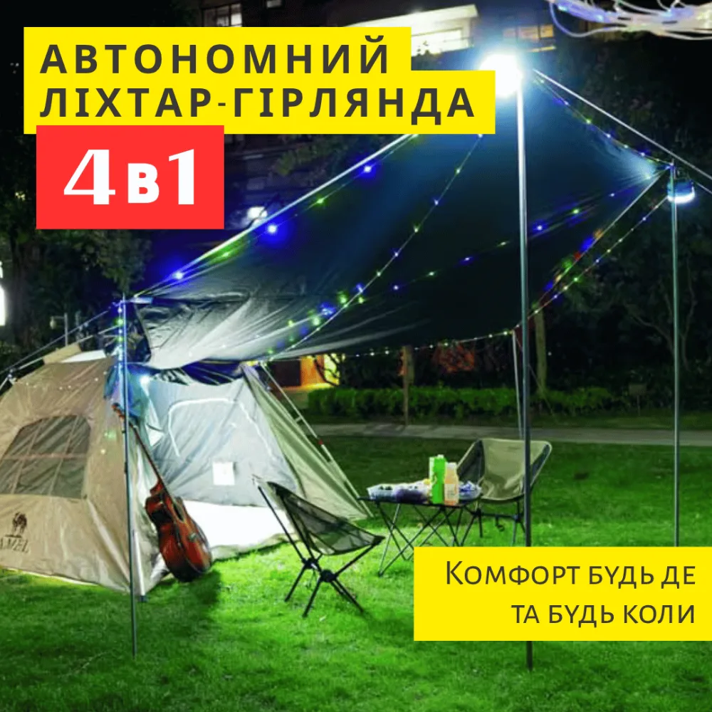 Сонячний Ліхтар Прожектор 4-в-1 з Повербанком 5400 mAh Вулична Гірлянда 10 Метрів 8 Режимів та LED-Лампа Сонячна Панель IPX4 для Кемпінгу, Дачі та Дому — фото 2