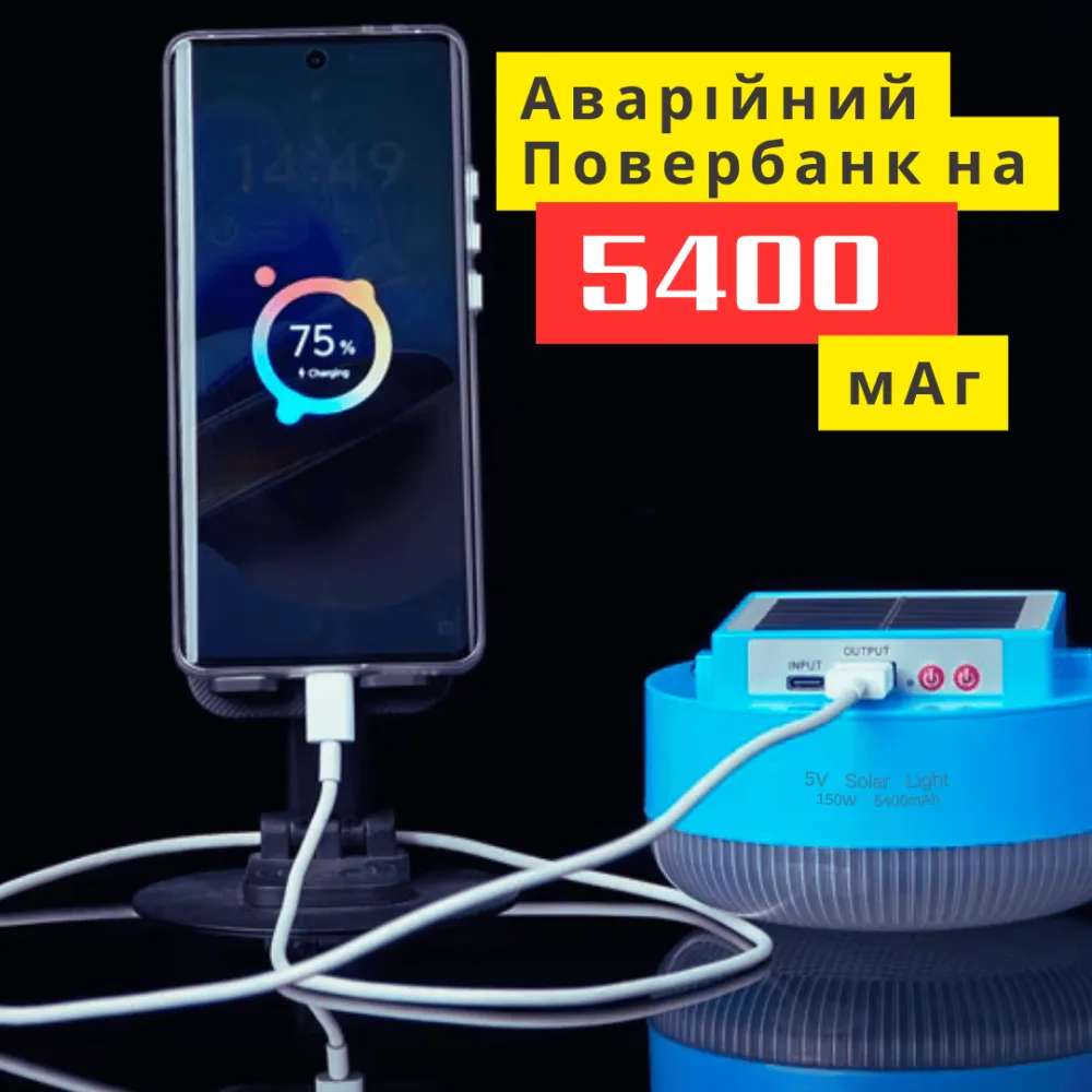Сонячний Ліхтар Прожектор 4-в-1 з Повербанком 5400 mAh Вулична Гірлянда 10 Метрів 8 Режимів та LED-Лампа Сонячна Панель IPX4 для Кемпінгу, Дачі та Дому — фото 3